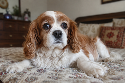 Senior Cavalier King Charles Spaniel resting comfortably, representing a breed prone to degenerative valve disease.