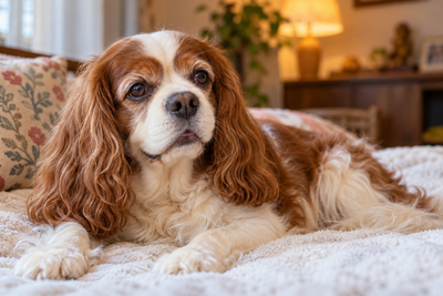 Senior Cavalier King Charles Spaniel resting comfortably, representing a breed prone to mitral valve disease.