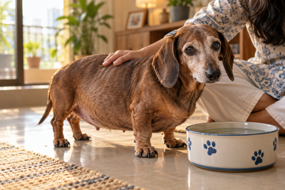 Senior Dachshund with a pot-bellied appearance standing near a water bowl, a common early sign of Cushing's disease in dogs.