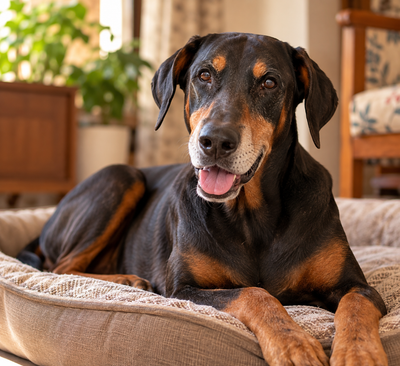 Senior Doberman Pinscher resting comfortably, representing a breed predisposed to monoclonal gammopathies.