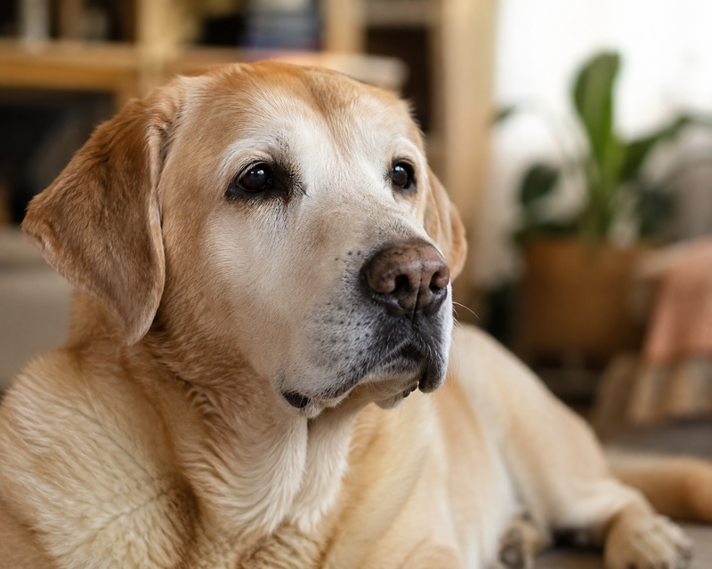 Senior Labrador Retriever resting calmly, representing the age group most affected by eye tumours