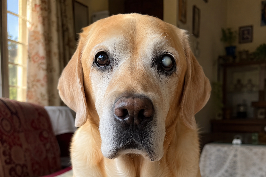 Senior Labrador Retriever with a visible cloudy cataract in one eye, close-up portrait