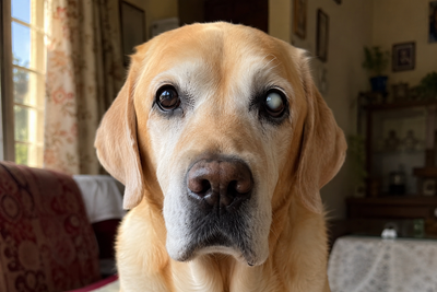 Senior Labrador Retriever with a visible cloudy cataract in one eye, close-up portrait