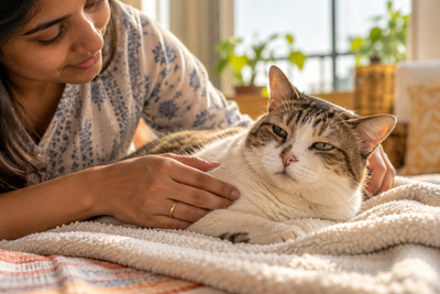 Senior cat resting calmly at home, being monitored for signs of congestive heart failure.