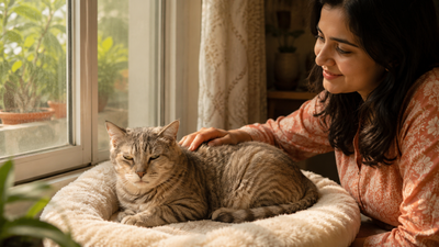 Senior cat resting comfortably at home, illustrating awareness of hidden chronic pain in cats