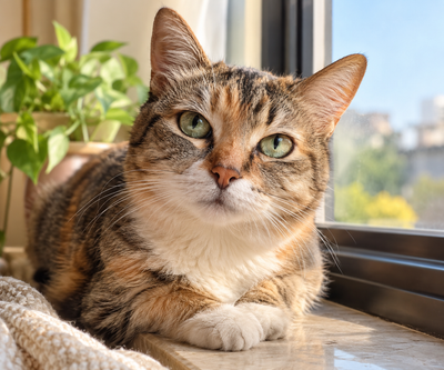 Senior cat sitting calmly by a window, representing awareness of vision changes in cats.