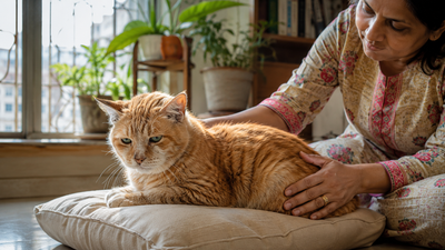 Senior cat sitting calmly in an Indian home while owner's hand rests on its back — illustrating the subtle signs of joint pain in cats