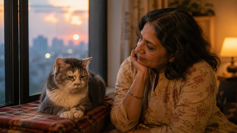 Senior cat sitting quietly at home while her pet parent watches with care and concern