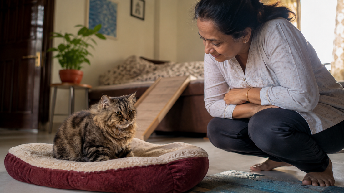 Senior cat sitting stiffly on a warm padded floor bed in an Indian home while its owner watches attentively from close range
