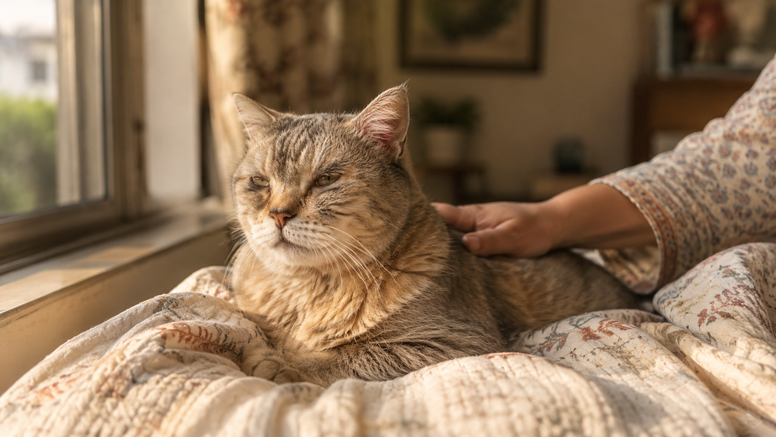  Senior cat with cognitive dysfunction syndrome sitting by window in Indian home - feline dementia signs in older cats