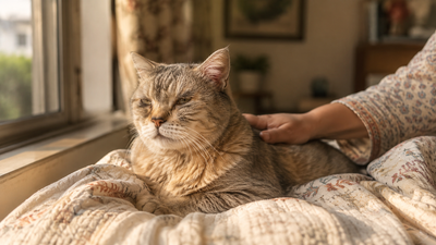  Senior cat with cognitive dysfunction syndrome sitting by window in Indian home - feline dementia signs in older cats