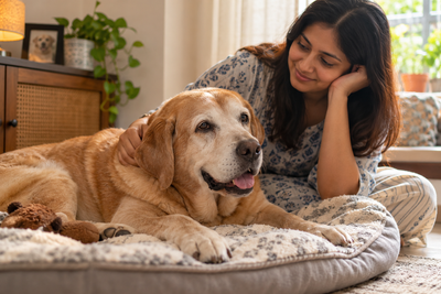Senior dog resting at home with pet parent, representing awareness of chronic kidney disease and urinary health in dogs.
