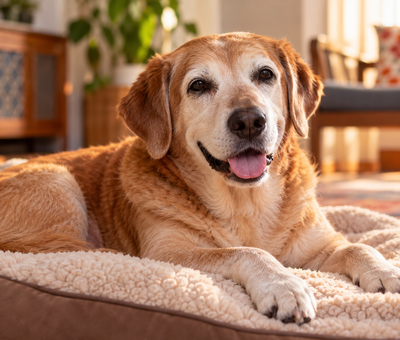 Senior dog resting comfortably at home, representing life with a managed immune disorder.