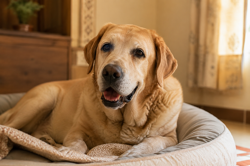 Senior dog resting comfortably at home, representing life with managed heart failure