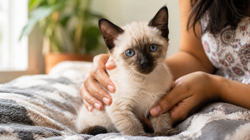 Siamese kitten being gently held indoors, representing early neurological care for gangliosidosis in cats
