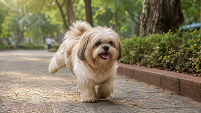 Small breed dog showing a three-legged skip while walking — the classic sign of luxating patella in dogs