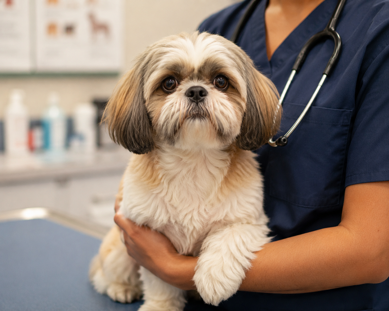 Small flat-faced breed dog being held safely by a veterinarian in a clinic setting.