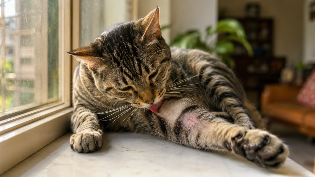 Tabby cat overgrooming its front leg on a sunny windowsill, showing a thinning patch of fur — a sign of compulsive grooming in cats.