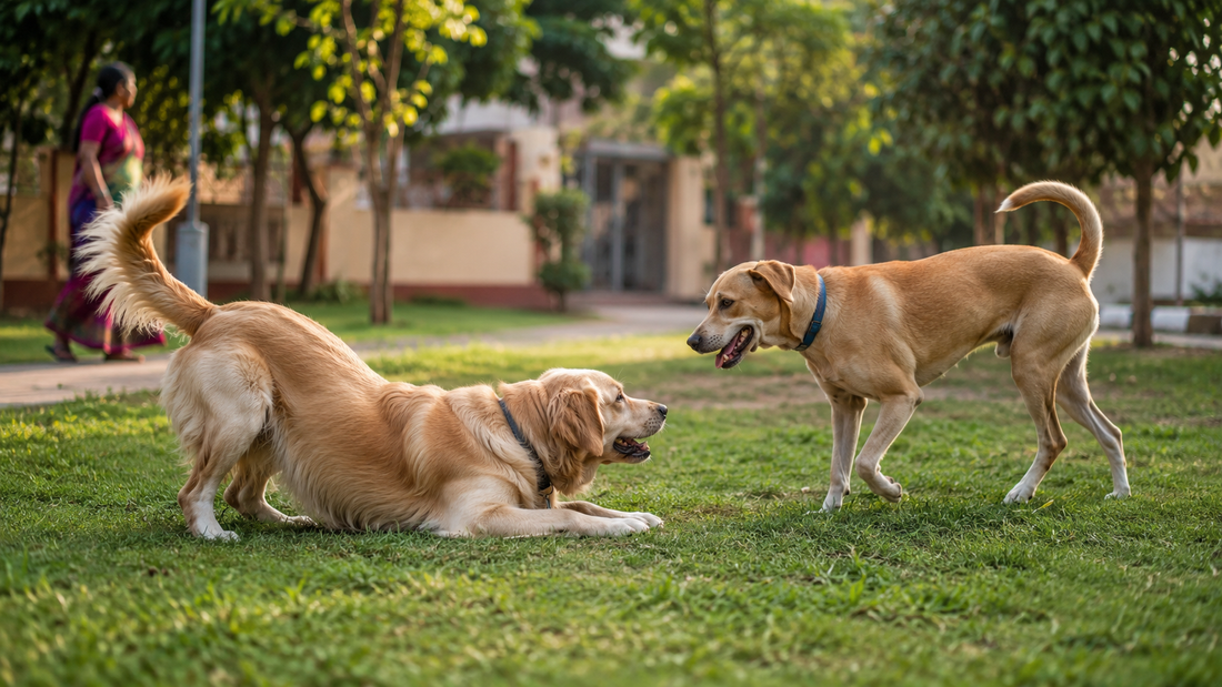 Two dogs greeting with a play bow showing friendly canine body language in an Indian park