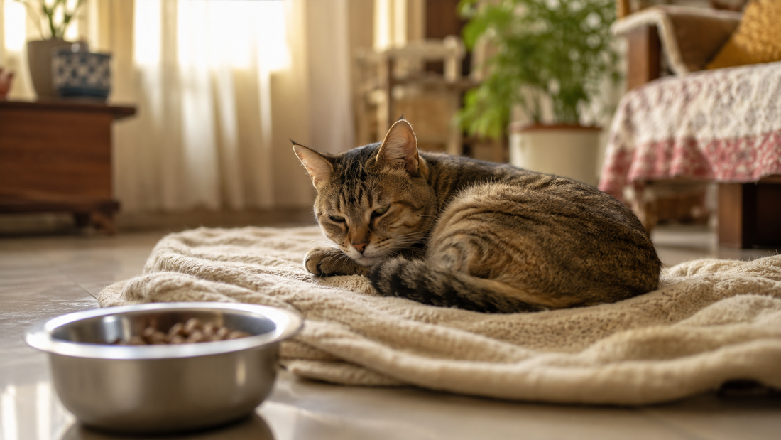 Unwell tabby cat with gastritis lying hunched near untouched food bowl in an Indian home, showing nausea and loss of appetite