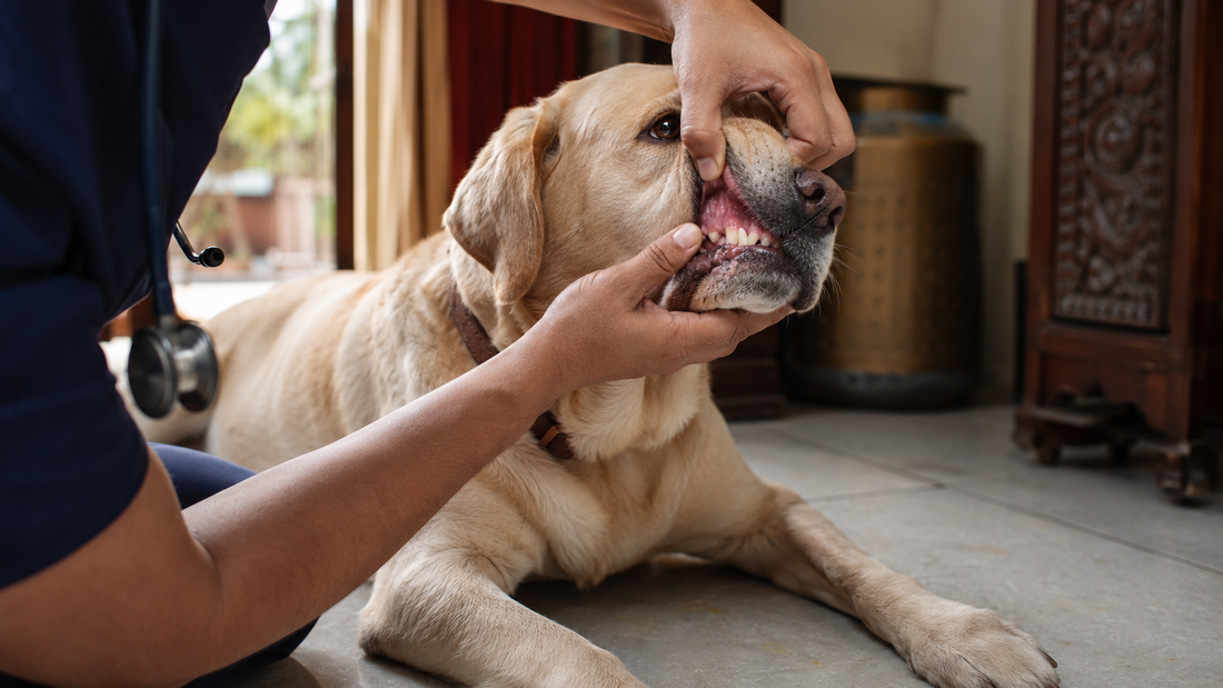 Vet checking a Labrador's gum colour to assess for polycythemia and thick blood in dogs.