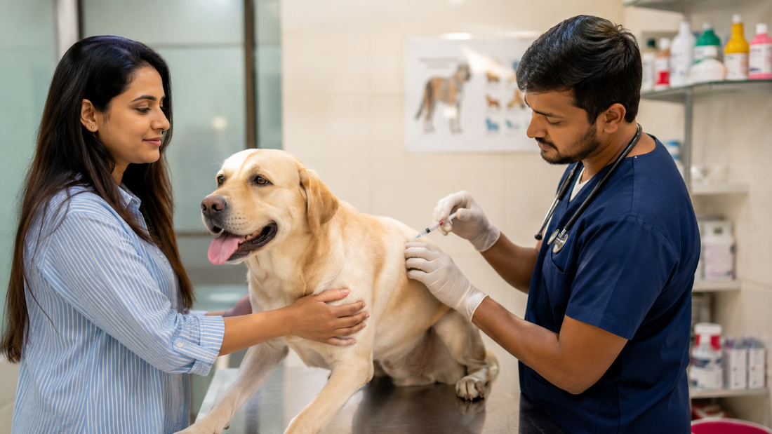 Veterinarian administering rabies vaccination to a dog in an Indian veterinary clinic, with the owner present