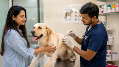 Veterinarian administering rabies vaccination to a dog in an Indian veterinary clinic, with the owner present