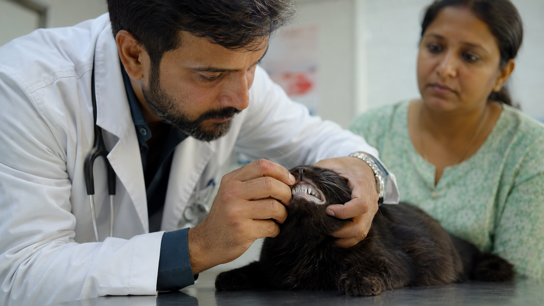 Veterinarian checking a cat's gum colour for signs of anaemia — blood disorders in cats 