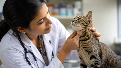 Veterinarian checking a cat's lymph nodes — white blood cells and feline immune system examination 