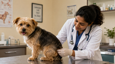 Veterinarian checking a small dog's anal glands during a routine exam
