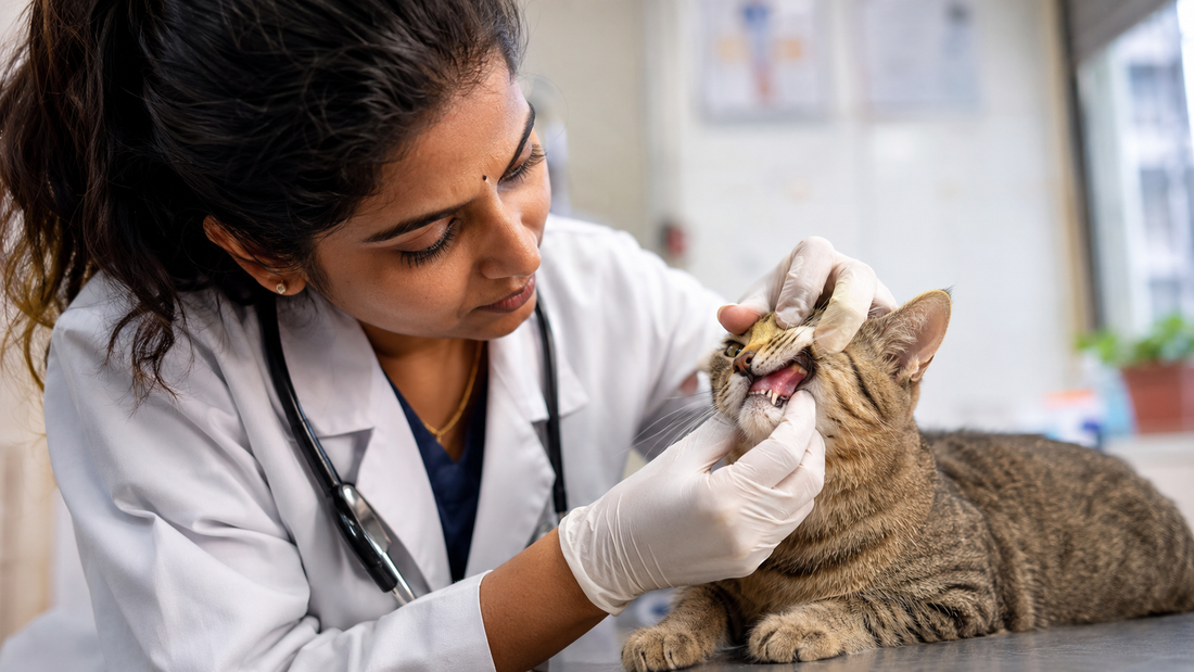 Veterinarian checking cat's gums for petechiae — platelet and clotting disorder assessment in cats 