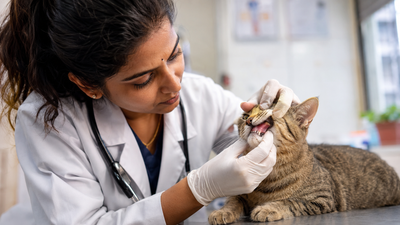 Veterinarian checking cat's gums for petechiae — platelet and clotting disorder assessment in cats 