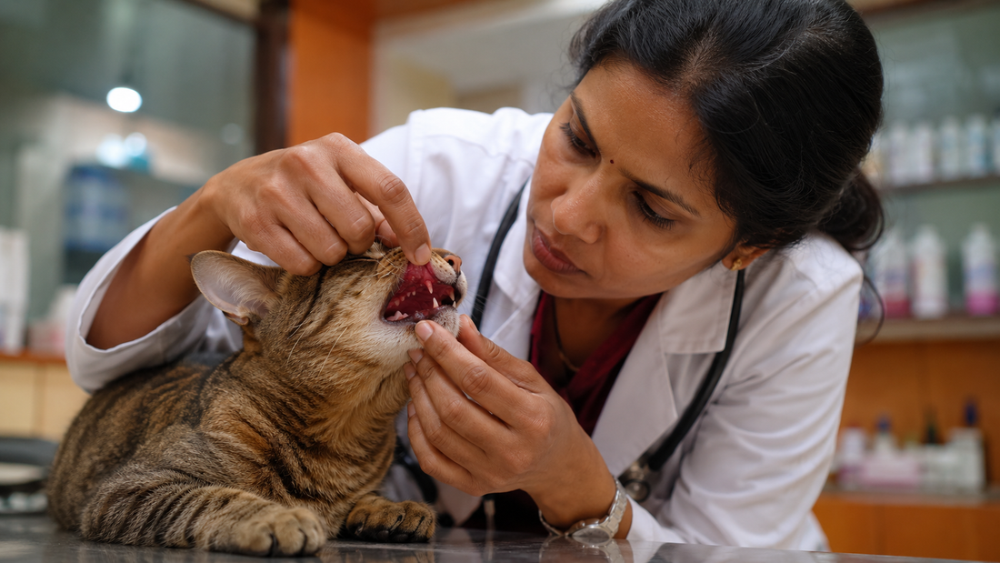 Veterinarian checking dark red gums in cat — sign of polycythemia too many red blood cells