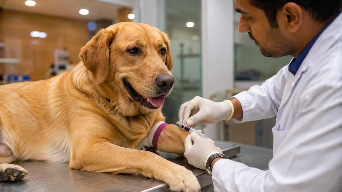  Veterinarian drawing a blood sample from a dog for a CBC white blood cell test at an Indian vet clinic