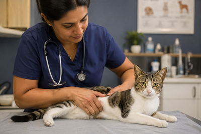 Veterinarian examining a cat's abdomen for signs of stomach or intestinal problems