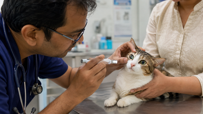 Veterinarian examining a cat's eyes as part of assessing for dysautonomia.
