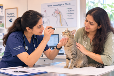 Veterinarian examining a cat's eyes during a neurological check-up for nervous system injury or disorder.
