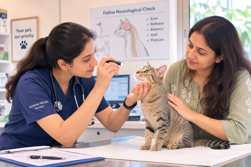 Veterinarian examining a cat's eyes during a neurological check-up for nervous system injury or disorder.