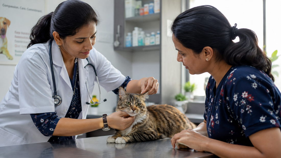 Veterinarian examining a cat's face and ear for signs of facial nerve paralysis.