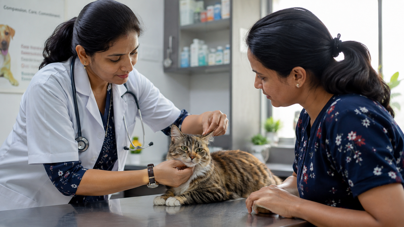 Veterinarian examining a cat's face and ear for signs of facial nerve paralysis.