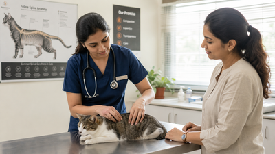 Veterinarian examining a cat's spine for signs of pain or a spinal disorder.