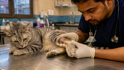Veterinarian examining a cat's swollen leg for signs of bone infection (osteomyelitis) at a veterinary clinic in India