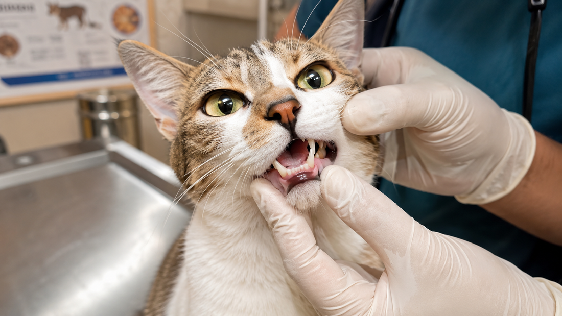 Veterinarian examining a cat's teeth and gums to check for dental disease