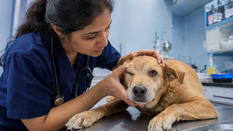 Veterinarian examining a dog for neurological signs of parasitic CNS infection in a clinic