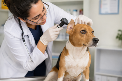 Veterinarian examining a dog for signs of a deeper ear infection