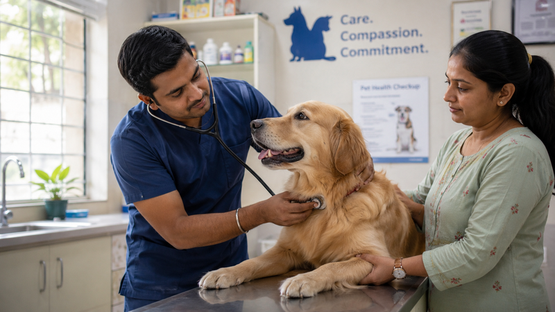 Veterinarian examining a dog for throat problems and swallowing difficulty.