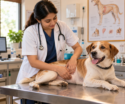 Veterinarian examining a dog's abdomen during a physical exam, representing how vets detect kidney and bladder problems.