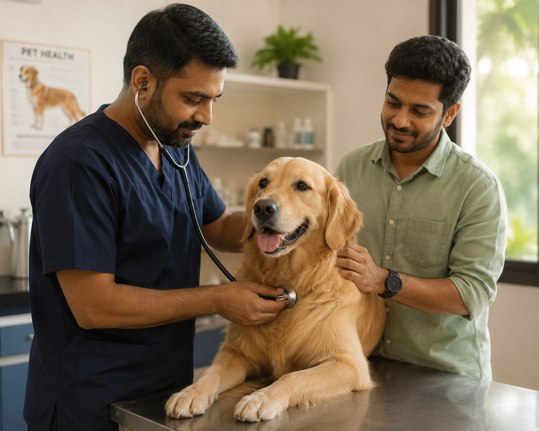 Veterinarian examining a dog's breathing during a check-up, relevant to detecting blood clot risk.