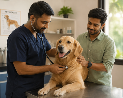 Veterinarian examining a dog's breathing during a check-up, relevant to detecting blood clot risk.