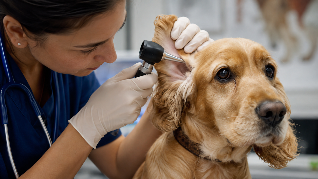 Veterinarian examining a dog's ear with an otoscope to diagnose otitis externa